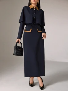 Heiryn Women Elegant Color Blocking Cape Shirt With Extended Hem Skirt 2pcs Set 2 Pieces Set - Blue - View 7