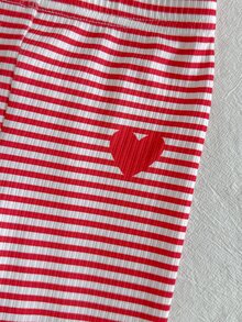 SHEIN 3pcs Toddler Girl Ribbed Leggings Pants Cute Sweet Red White Heart Bow Print Ruffle Hem Regular Holiday Spring Princess Ballet High Waist - Multicolor - View 7