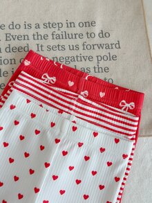 SHEIN 3pcs Toddler Girl Ribbed Leggings Pants Cute Sweet Red White Heart Bow Print Ruffle Hem Regular Holiday Spring Princess Ballet High Waist - Multicolor - View 6