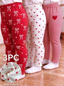 SHEIN 3pcs Toddler Girl Ribbed Leggings Pants Cute Sweet Red White Heart Bow Print Ruffle Hem Regular Holiday Spring Princess Ballet High Waist - Multicolor - View 1