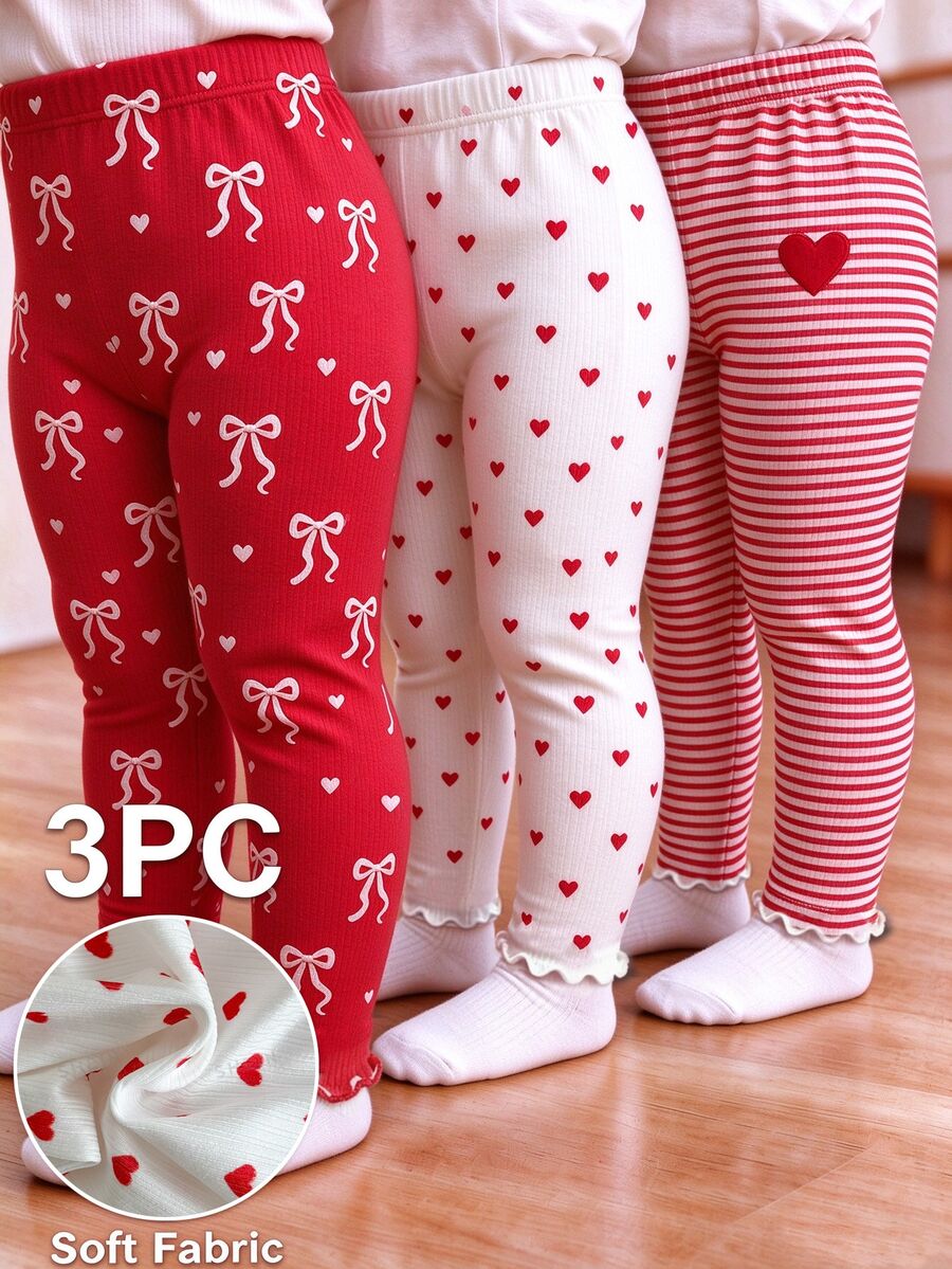 SHEIN 3pcs Toddler Girl Ribbed Leggings Pants Cute Sweet Red White Heart Bow Print Ruffle Hem Regular Holiday Spring Princess Ballet High Waist - Multicolor - View 1