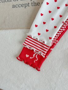 SHEIN 3pcs Toddler Girl Ribbed Leggings Pants Cute Sweet Red White Heart Bow Print Ruffle Hem Regular Holiday Spring Princess Ballet High Waist - Multicolor - View 5