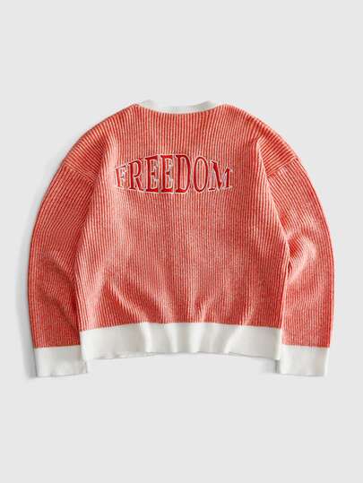 Men's Letter Embroidered Drop Shoulder Long Sleeve Single-Breasted Casual Knit Cardigan Street Fashion