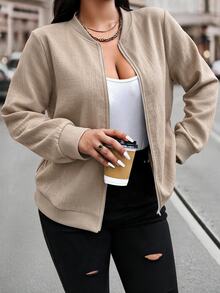Easura Light Khaki Textured Fabric Zipper Baseball Collar Flight Jacket, Japanese Casual Plus Size Outerwear, Suitable For Daily Shopping And Autumn Outdoor Activities - Khaki - View 3