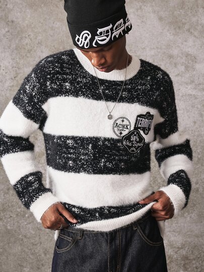 Men's Crew Neck Gradient Badge Knit Sweater