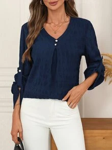 SHEIN LUNE Women's Solid Color Button Design Rolled Sleeve V-Neck Casual Elegant Smart Casual Shirt Office Navy Blue Autumn - Blue - View 4