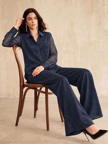 Anewsta Fall/Winter New Elegant Smart Casual Fashion Set Outing Holiday Party Office Shiny Satin Navy Blue Women's 2 Pieces Set Chic Modern - Navy Blue - View 1