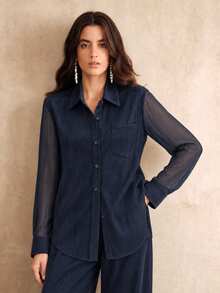 Anewsta Fall/Winter New Elegant Smart Casual Fashion Set Outing Holiday Party Office Shiny Satin Navy Blue Women's 2 Pieces Set Chic Modern - Navy Blue - View 5