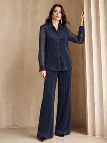 Anewsta Fall/Winter New Elegant Smart Casual Fashion Set Outing Holiday Party Office Shiny Satin Navy Blue Women's 2 Pieces Set Chic Modern - Navy Blue - View 4