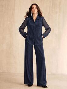 Anewsta Fall/Winter New Elegant Smart Casual Fashion Set Outing Holiday Party Office Shiny Satin Navy Blue Women's 2 Pieces Set Chic Modern - Navy Blue - View 3