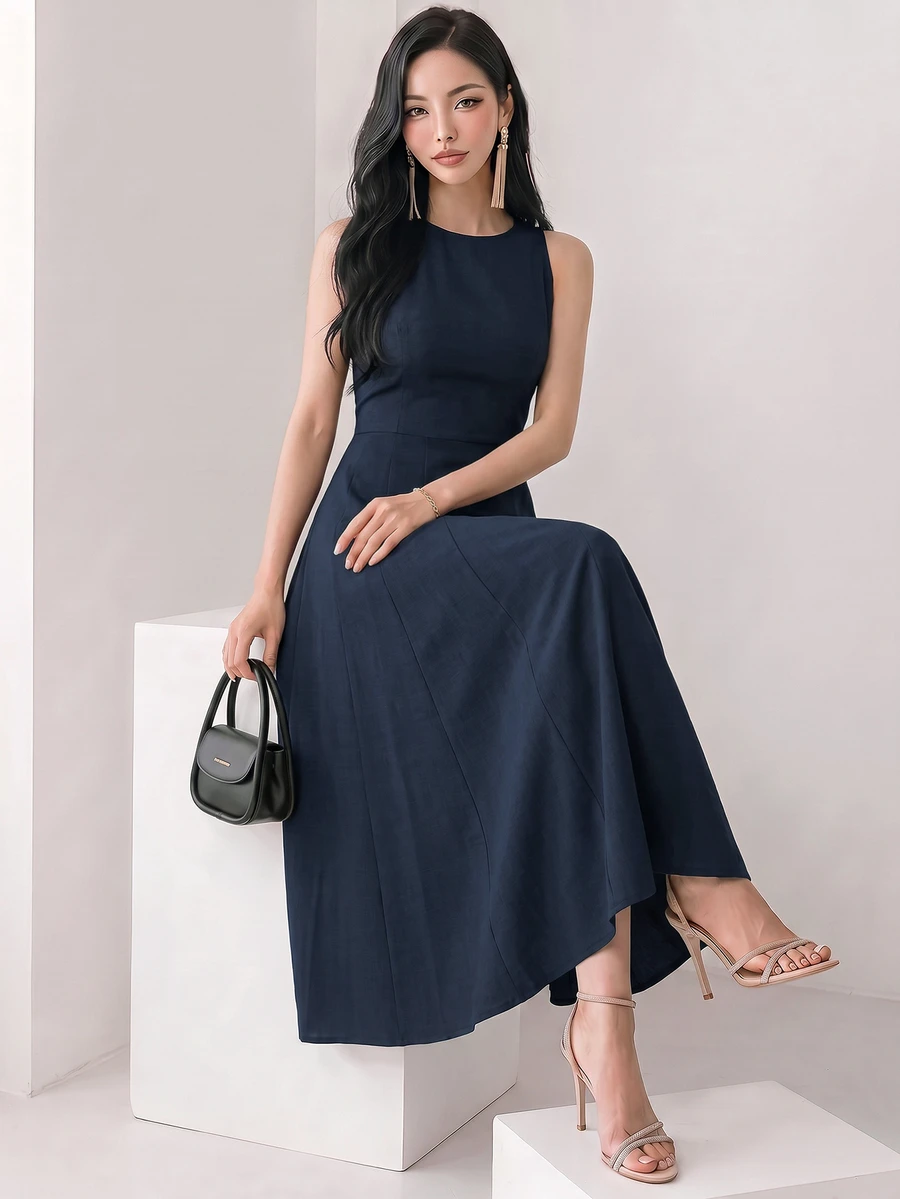 Heiryn Casual Commute Sleeveless Dress, Solid Color For Women - Navy Blue - View 1