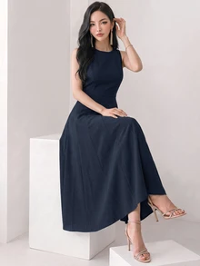 Heiryn Casual Commute Sleeveless Dress, Solid Color For Women - Navy Blue - View 2