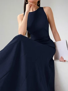 Heiryn Casual Commute Sleeveless Dress, Solid Color For Women - Navy Blue - View 3