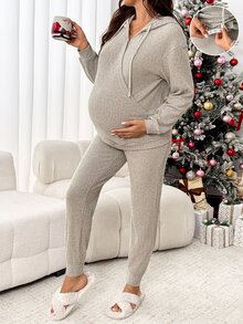 SHEIN Setelan 2 Potong Atasan Hoodie dan Celana Warna Polos untuk Ibu Hamil, Mantel Musim Dingin Motif Rusa, Mantel Musim Dingin Natal dan Musim Gugur - Khaki - View 7