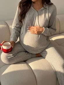 SHEIN Setelan 2 Potong Atasan Hoodie dan Celana Warna Polos untuk Ibu Hamil, Mantel Musim Dingin Motif Rusa, Mantel Musim Dingin Natal dan Musim Gugur - Khaki - View 10