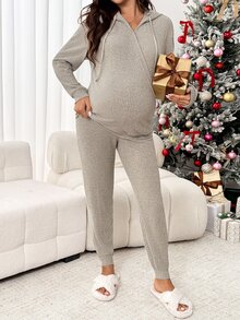 SHEIN Setelan 2 Potong Atasan Hoodie dan Celana Warna Polos untuk Ibu Hamil, Mantel Musim Dingin Motif Rusa, Mantel Musim Dingin Natal dan Musim Gugur - Khaki - View 6