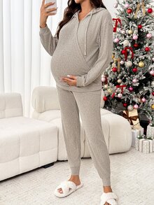 SHEIN Setelan 2 Potong Atasan Hoodie dan Celana Warna Polos untuk Ibu Hamil, Mantel Musim Dingin Motif Rusa, Mantel Musim Dingin Natal dan Musim Gugur - Khaki - View 5