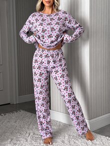SHEIN Women Panda And Heart Print Ribbed Crew Neck Long Sleeve Top And Straight Leg Pants Soft Stretch 2-Piece Casual Pajama Set - Multicolor - View 3