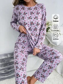 SHEIN Women Panda And Heart Print Ribbed Crew Neck Long Sleeve Top And Straight Leg Pants Soft Stretch 2-Piece Casual Pajama Set - Multicolor - View 1