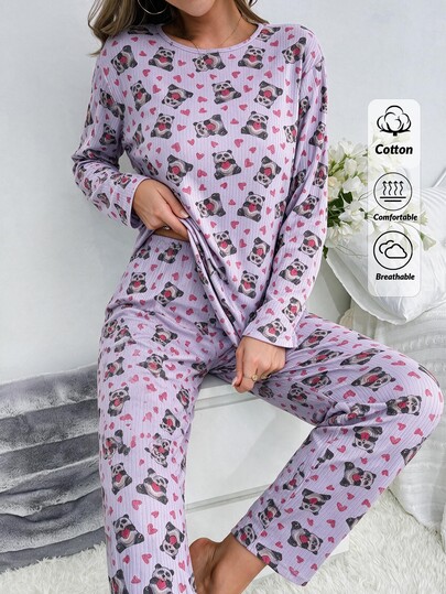 SHEIN Women Panda And Heart Print Ribbed Crew Neck Long Sleeve Top And Straight Leg Pants Soft Stretch 2-Piece Casual Pajama Set