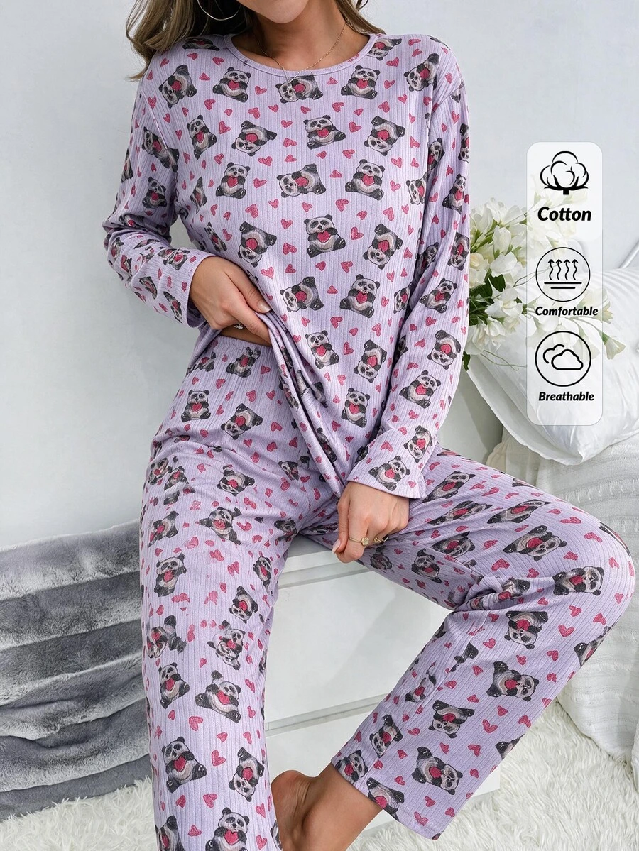 SHEIN Women Panda And Heart Print Ribbed Crew Neck Long Sleeve Top And Straight Leg Pants Soft Stretch 2-Piece Casual Pajama Set - Multicolor - View 1