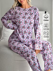 SHEIN Women Panda And Heart Print Ribbed Crew Neck Long Sleeve Top And Straight Leg Pants Soft Stretch 2-Piece Casual Pajama Set - Multicolor - View 6