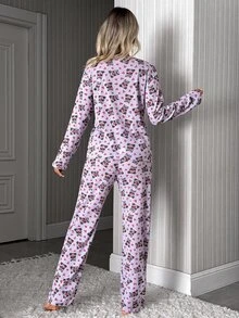 SHEIN Women Panda And Heart Print Ribbed Crew Neck Long Sleeve Top And Straight Leg Pants Soft Stretch 2-Piece Casual Pajama Set - Multicolor - View 2