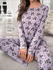SHEIN Women Panda And Heart Print Ribbed Crew Neck Long Sleeve Top And Straight Leg Pants Soft Stretch 2-Piece Casual Pajama Set - Multicolor - View 8