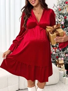 SHEIN Gaun Hamil Beludru Merah dengan Hem Bergelombang – Gaun Hamil Natal Musim Gugur - Merah - View 6