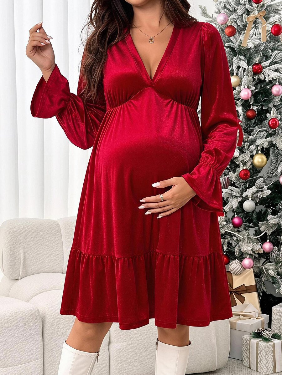 SHEIN Gaun Hamil Beludru Merah dengan Hem Bergelombang – Gaun Hamil Natal Musim Gugur - Merah - View 1