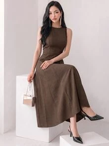 Heiryn 休閒通勤傘柄印花長洋裝 女款 深棕色 優雅 早午餐 辦公室 夏季 - 咖啡棕 - 查看 3
