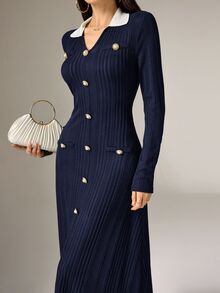 Heiryn Women's Contrast Color Button Decor Long Sleeve Midi Dress ,Dresses For Women Elegant - Navy Blue - View 8