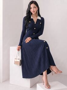 Heiryn Women's Contrast Color Button Decor Long Sleeve Midi Dress ,Dresses For Women Elegant - Navy Blue - View 1