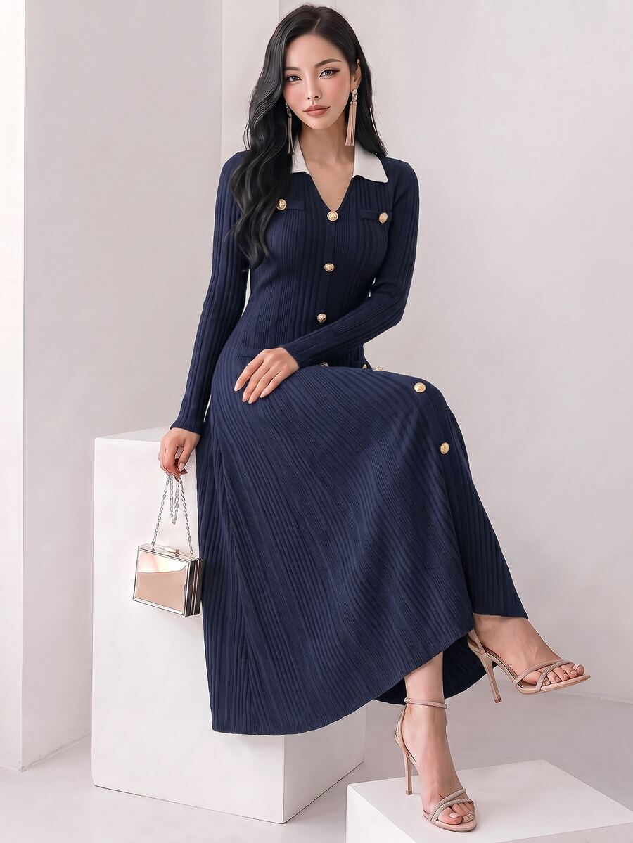 Heiryn Women's Contrast Color Button Decor Long Sleeve Midi Dress ,Dresses For Women Elegant - Navy Blue - View 1
