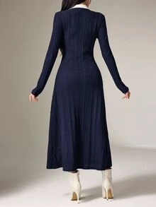 Heiryn Women's Contrast Color Button Decor Long Sleeve Midi Dress ,Dresses For Women Elegant - Navy Blue - View 4