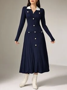 Heiryn Women's Contrast Color Button Decor Long Sleeve Midi Dress ,Dresses For Women Elegant - Navy Blue - View 6