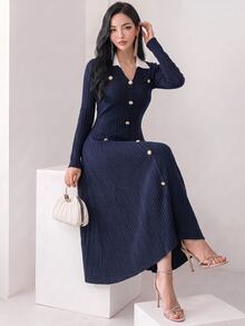 Heiryn Women's Contrast Color Button Decor Long Sleeve Midi Dress ,Dresses For Women Elegant - Navy Blue - View 2