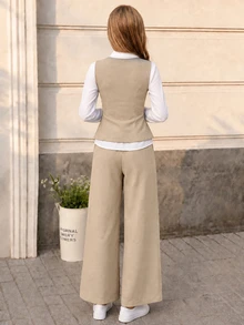 SHEIN 女童秋冬/春季休閒時尚簡約V領無袖腰帶外套＋長袖白色襯衫＋寬鬆直筒長褲三件套 - 卡其色 - 查看 2