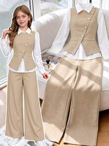 SHEIN 女童秋冬/春季休閒時尚簡約V領無袖腰帶外套＋長袖白色襯衫＋寬鬆直筒長褲三件套 - 卡其色 - 查看 4