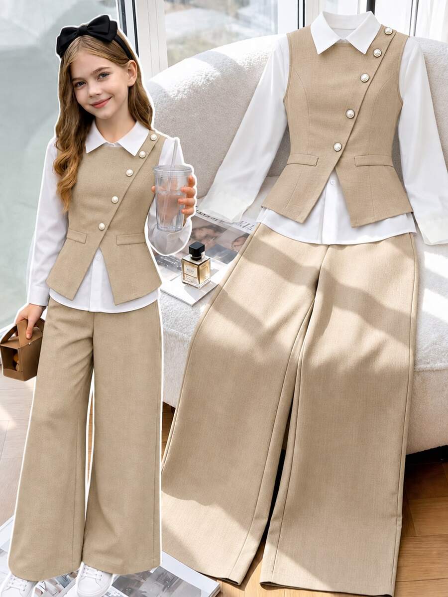 SHEIN 女童秋冬/春季休閒時尚簡約V領無袖腰帶外套+長袖白色襯衫+寬鬆直筒長褲三件套 - 卡其色 - 查看 1