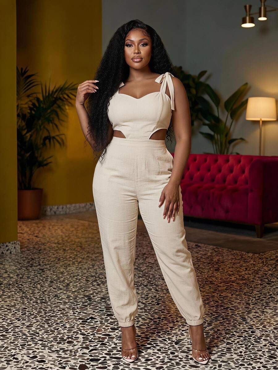 Veslaya Plus Size Women's Beige Summer Beach Holiday Jumpsuit,Sleeveless Sweetheart Neck Tie-Waist Hollow-Out Casual Sophisticated Western Vacation Streetwear