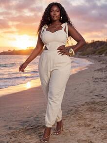 Veslaya Plus Size Women's Beige Summer Beach Holiday Jumpsuit,Sleeveless Sweetheart Neck Tie-Waist Hollow-Out Casual Sophisticated Western Vacation Streetwear - Beige - View 7