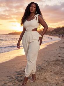 Veslaya Plus Size Women's Beige Summer Beach Holiday Jumpsuit,Sleeveless Sweetheart Neck Tie-Waist Hollow-Out Casual Sophisticated Western Vacation Streetwear - Beige - View 8