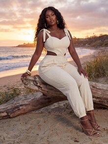 Veslaya Plus Size Women's Beige Summer Beach Holiday Jumpsuit,Sleeveless Sweetheart Neck Tie-Waist Hollow-Out Casual Sophisticated Western Vacation Streetwear - Beige - View 6