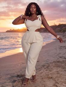 Veslaya Plus Size Women's Beige Summer Beach Holiday Jumpsuit,Sleeveless Sweetheart Neck Tie-Waist Hollow-Out Casual Sophisticated Western Vacation Streetwear - Beige - View 5