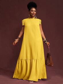 Veslaya Plus Size Mustard Yellow,Summer,Tropical,Vacation, Al-Adha Elegant Casual Loose Woven Textured Sleeveless Ruffle Trim Collar Maxi Dress For Women - Yellow - View 9