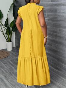Veslaya Plus Size Mustard Yellow,Summer,Tropical,Vacation, Al-Adha Elegant Casual Loose Woven Textured Sleeveless Ruffle Trim Collar Maxi Dress For Women - Yellow - View 2