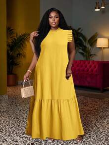 Veslaya Plus Size Mustard Yellow,Summer,Tropical,Vacation, Al-Adha Elegant Casual Loose Woven Textured Sleeveless Ruffle Trim Collar Maxi Dress For Women - Yellow - View 1