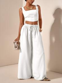Veslaya 2025 New White Summer Party Vacation Women Plus Size 2 Pieces Set,Casual Textured Fishbone Strap Top And Wide Leg Pants With Pockets Y2k Outfits - White - View 3