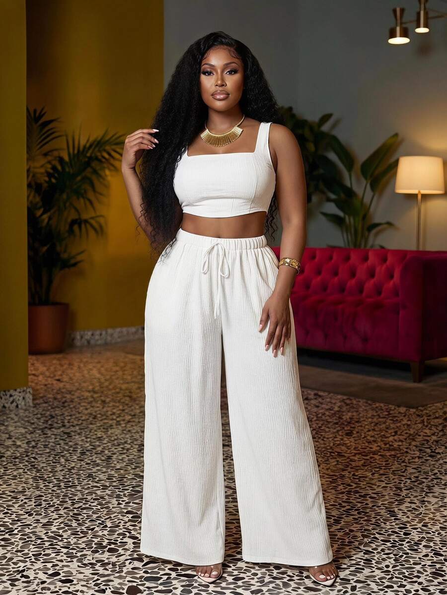 Veslaya 2025 New White Summer Party Vacation Women Plus Size 2 Pieces Set,Casual Textured Fishbone Strap Top And Wide Leg Pants With Pockets Y2k Outfits - White - View 1